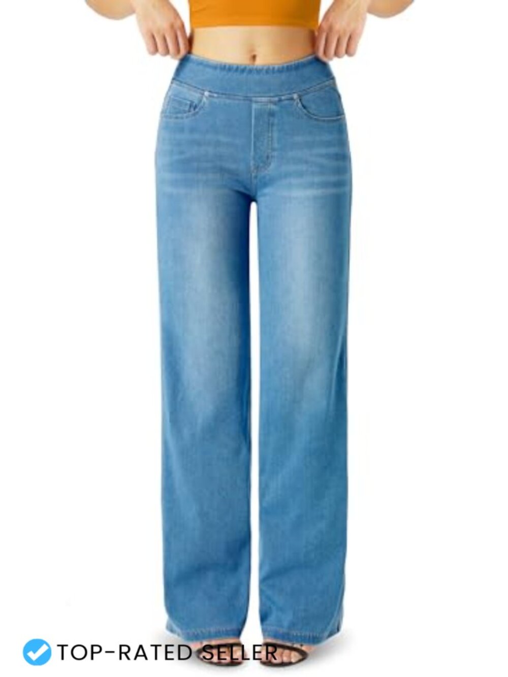 High Waisted Wide Leg Stretch Knit Denim Jeans with Pockets
